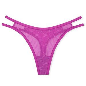 NEW NWT VS PINK VICTORIA'S SECRET Logo Mesh Strappy Thong Panty Fuchsia Purple M
